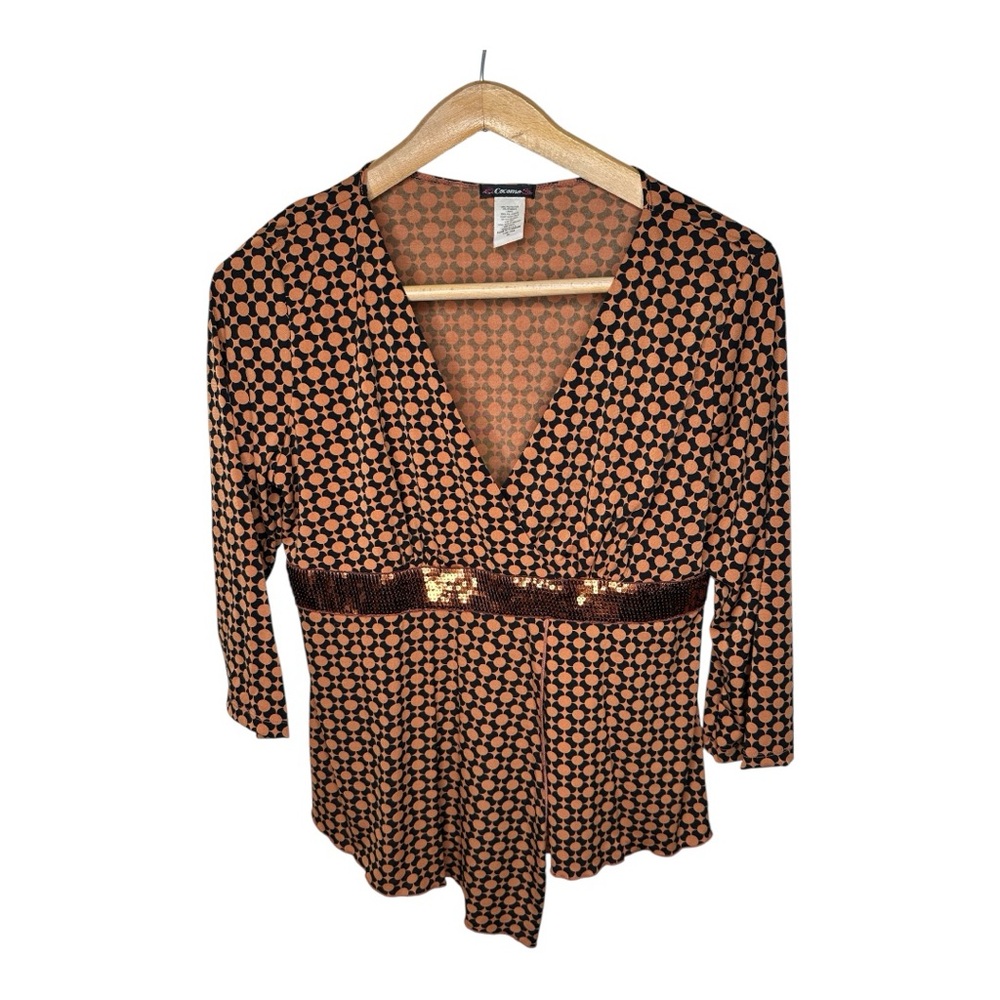 Cocomo Sequin Blouse Size XL Large Orange Black Mod Print Asymmetrical Hem New